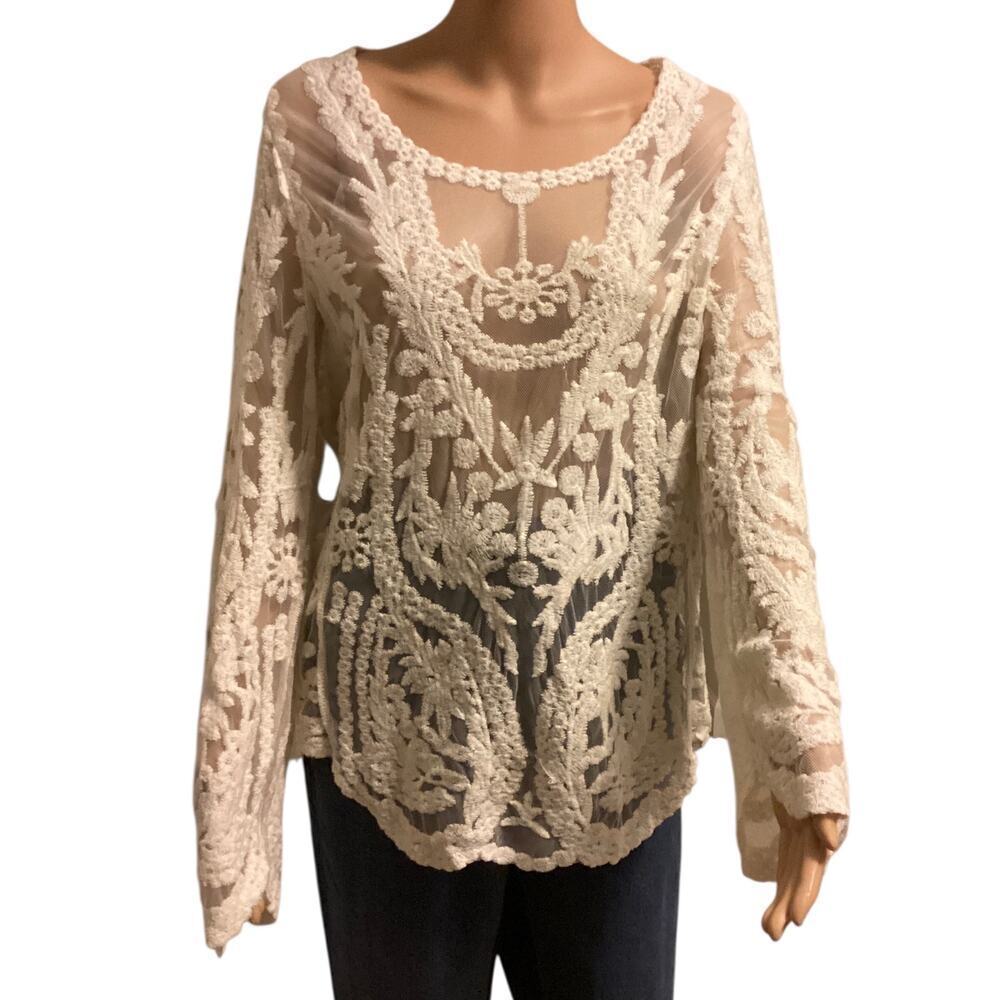 Simply Couture fairy Sheer Long Sleeve Floral Embroidered BohoTop,‎ Womens L